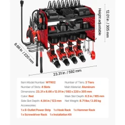 VEVOR Power Tool Organizer with Charging Station, 3-Layer Drill Storage Rack with 4 Drill Holders & Side Pegboard, Garage Tool Organizer Built in 8 Outlet Power Strips for Garage, Workbench, Workshop
