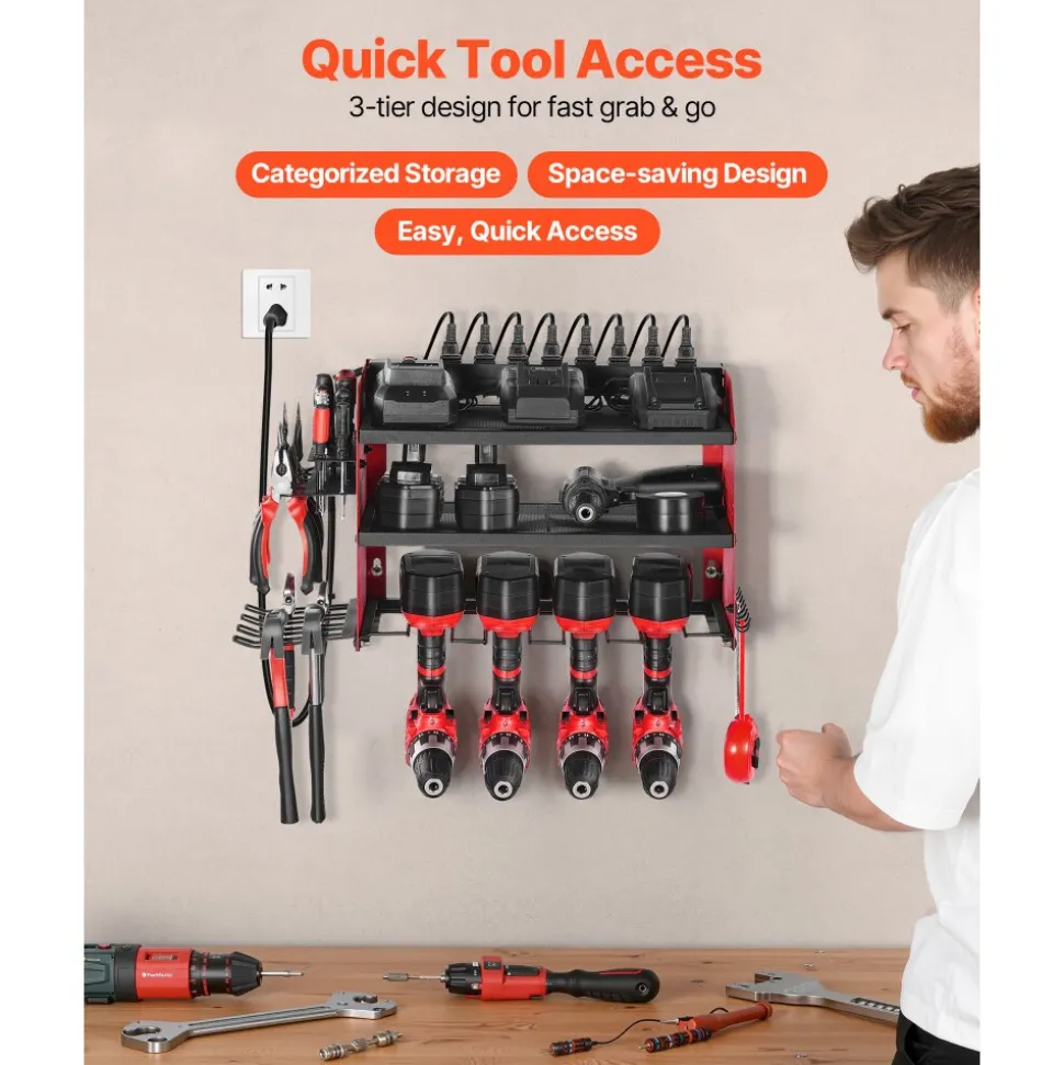 VEVOR Power Tool Organizer with Charging Station, 3-Layer Drill Storage Rack with 4 Drill Holders & Side Pegboard, Garage Tool Organizer Built in 8 Outlet Power Strips for Garage, Workbench, Workshop