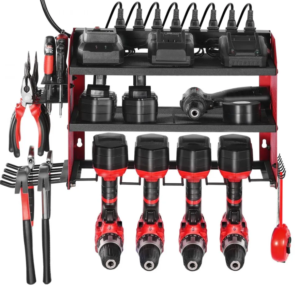 VEVOR Power Tool Organizer with Charging Station, 3-Layer Drill Storage Rack with 4 Drill Holders & Side Pegboard, Garage Tool Organizer Built in 8 Outlet Power Strips for Garage, Workbench, Workshop