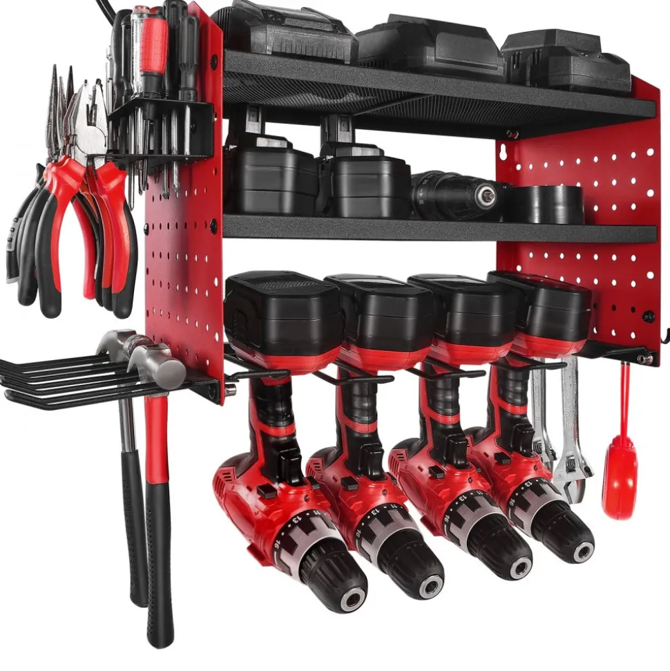 VEVOR Power Tool Organizer with Charging Station, 3-Layer Drill Storage Rack with 4 Drill Holders & Side Pegboard, Garage Tool Organizer Built in 8 Outlet Power Strips for Garage, Workbench, Workshop