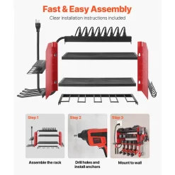 VEVOR Power Tool Organizer with Charging Station, 3-Layer Drill Storage Rack with 4 Drill Holders & Side Pegboard, Garage Tool Organizer Built in 8 Outlet Power Strips for Garage, Workbench, Workshop
