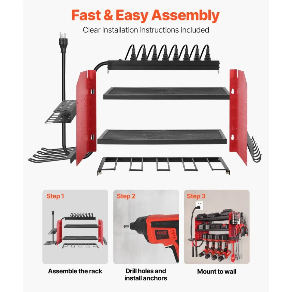 VEVOR Power Tool Organizer with Charging Station, 3-Layer Drill Storage Rack with 4 Drill Holders & Side Pegboard, Garage Tool Organizer Built in 8 Outlet Power Strips for Garage, Workbench, Workshop