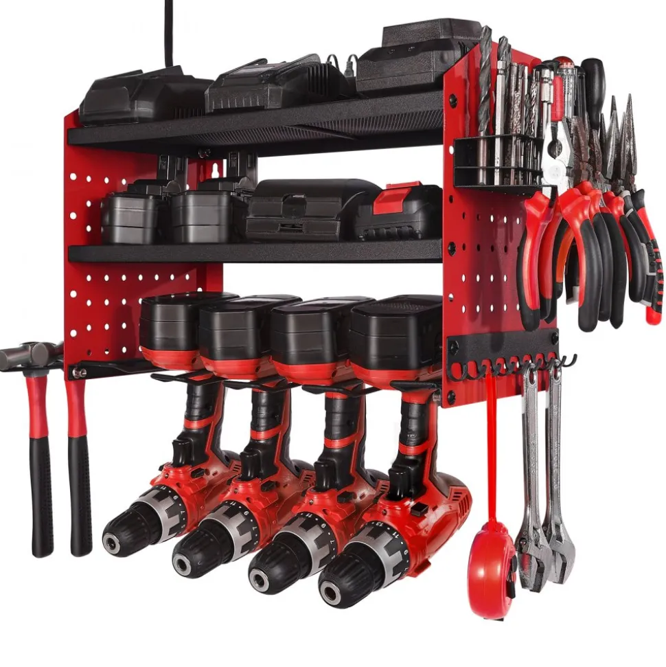 VEVOR Power Tool Organizer with Charging Station, 3-Layer Drill Storage Rack with 4 Drill Holders & Side Pegboard, Garage Tool Organizer Built in 8 Outlet Power Strips for Garage, Workbench, Workshop