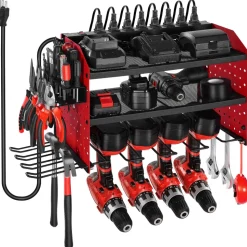 VEVOR Power Tool Organizer with Charging Station, 3-Layer Drill Storage Rack with 4 Drill Holders & Side Pegboard, Garage Tool Organizer Built in 8 Outlet Power Strips for Garage, Workbench, Workshop