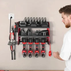 VEVOR Power Tool Organizer with Charging Station, 3-Layer Drill Storage Rack with 4 Drill Holders & Side Pegboard, Garage Tool Organizer Built in 8 Outlet Power Strips for Garage, Workbench, Workshop