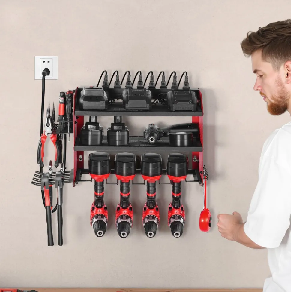 VEVOR Power Tool Organizer with Charging Station, 3-Layer Drill Storage Rack with 4 Drill Holders & Side Pegboard, Garage Tool Organizer Built in 8 Outlet Power Strips for Garage, Workbench, Workshop
