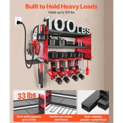 VEVOR Power Tool Organizer with Charging Station, 3-Layer Drill Storage Rack with 4 Drill Holders & Side Pegboard, Garage Tool Organizer Built in 8 Outlet Power Strips for Garage, Workbench, Workshop