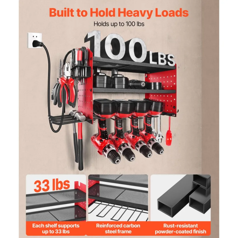 VEVOR Power Tool Organizer with Charging Station, 3-Layer Drill Storage Rack with 4 Drill Holders & Side Pegboard, Garage Tool Organizer Built in 8 Outlet Power Strips for Garage, Workbench, Workshop