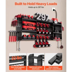 VEVOR Power Tool Organizer with Charging Station, 3-Layer Power Tool Battery Storage Rack with 5.58 ft Power Strip, 8 Drill Holders & 8 Outlets, Garage Tool Organizer for Garage, Workbench, Workshop