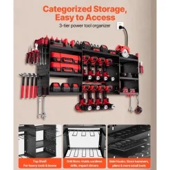 VEVOR Power Tool Organizer with Charging Station, 3-Layer Power Tool Battery Storage Rack with 5.58 ft Power Strip, 8 Drill Holders & 8 Outlets, Garage Tool Organizer for Garage, Workbench, Workshop