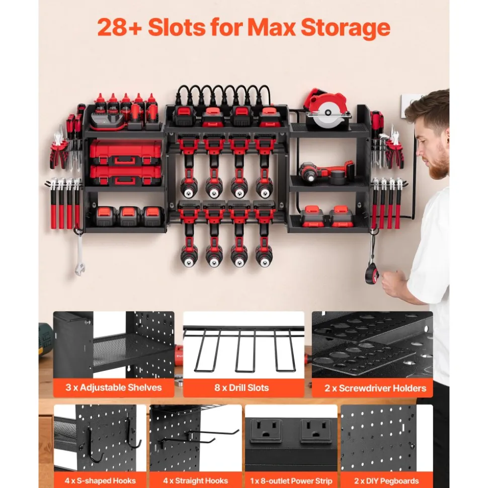 VEVOR Power Tool Organizer with Charging Station, 3-Layer Power Tool Battery Storage Rack with 5.58 ft Power Strip, 8 Drill Holders & 8 Outlets, Garage Tool Organizer for Garage, Workbench, Workshop