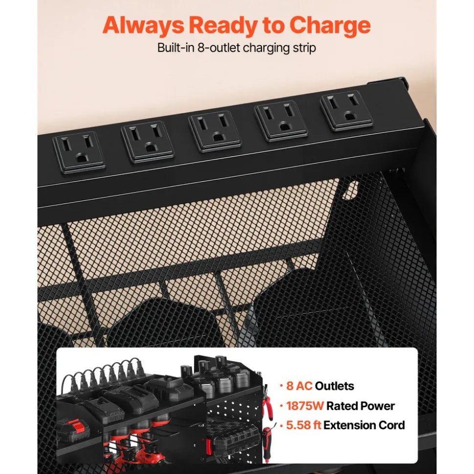 VEVOR Power Tool Organizer with Charging Station, 3-Layer Power Tool Battery Storage Rack with 5.58 ft Power Strip, 8 Drill Holders & 8 Outlets, Garage Tool Organizer for Garage, Workbench, Workshop