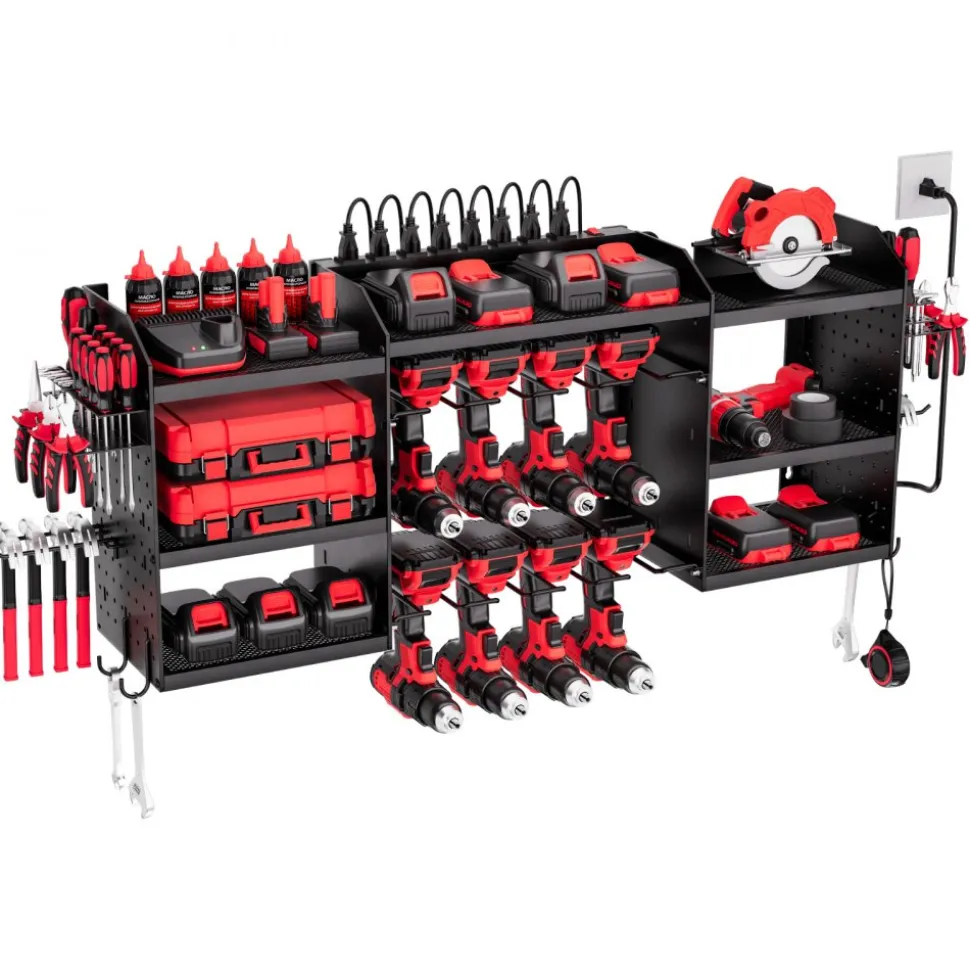 VEVOR Power Tool Organizer with Charging Station, 3-Layer Power Tool Battery Storage Rack with 5.58 ft Power Strip, 8 Drill Holders & 8 Outlets, Garage Tool Organizer for Garage, Workbench, Workshop
