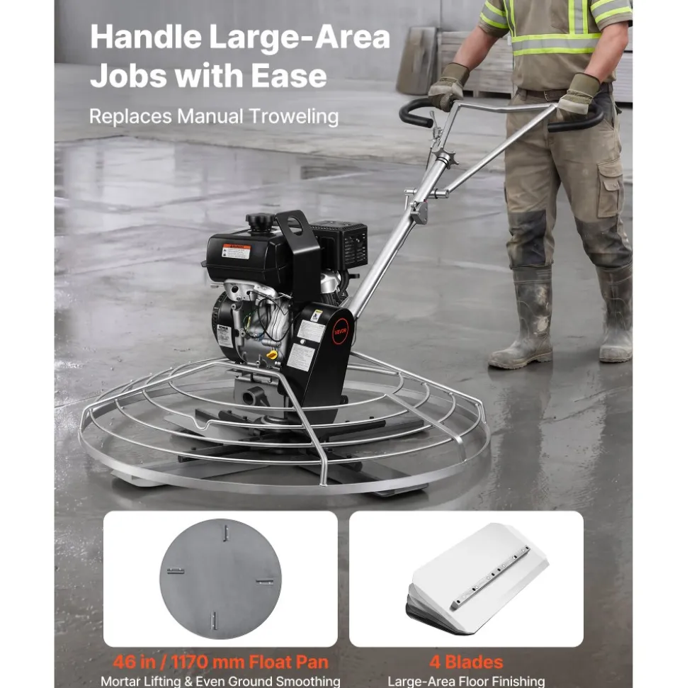 VEVOR Power Trowel, 38 inch Concrete Finishing Machine with Float Pan, 7HP Kohler Engine, 4 Blades, Adjustable Pitch, Gas-Powered Walk-Behind Cement Surface Finisher for Smooth Floors, Construction
