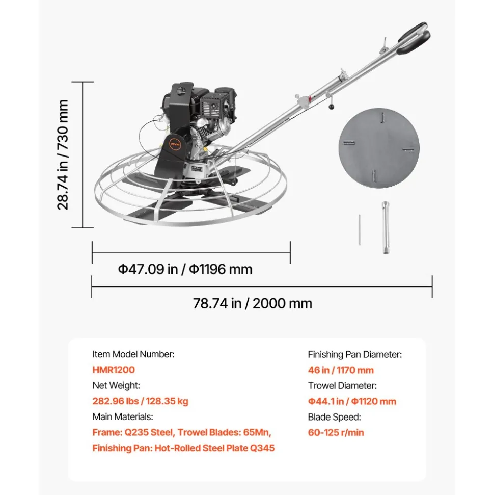 VEVOR Power Trowel, 38 inch Concrete Finishing Machine with Float Pan, 7HP Kohler Engine, 4 Blades, Adjustable Pitch, Gas-Powered Walk-Behind Cement Surface Finisher for Smooth Floors, Construction