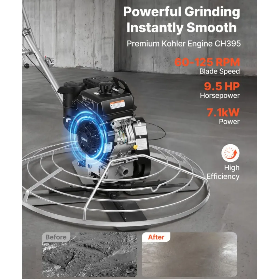 VEVOR Power Trowel, 38 inch Concrete Finishing Machine with Float Pan, 7HP Kohler Engine, 4 Blades, Adjustable Pitch, Gas-Powered Walk-Behind Cement Surface Finisher for Smooth Floors, Construction