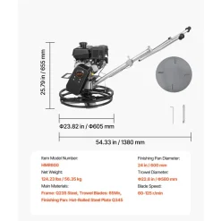 VEVOR Power Trowel, 24 inch Concrete Finishing Machine with Float Pan, 7HP Kohler Engine, 4 Blades, Adjustable Pitch, Gas-Powered Walk-Behind Cement Surface Finisher for Smooth Floors, Construction