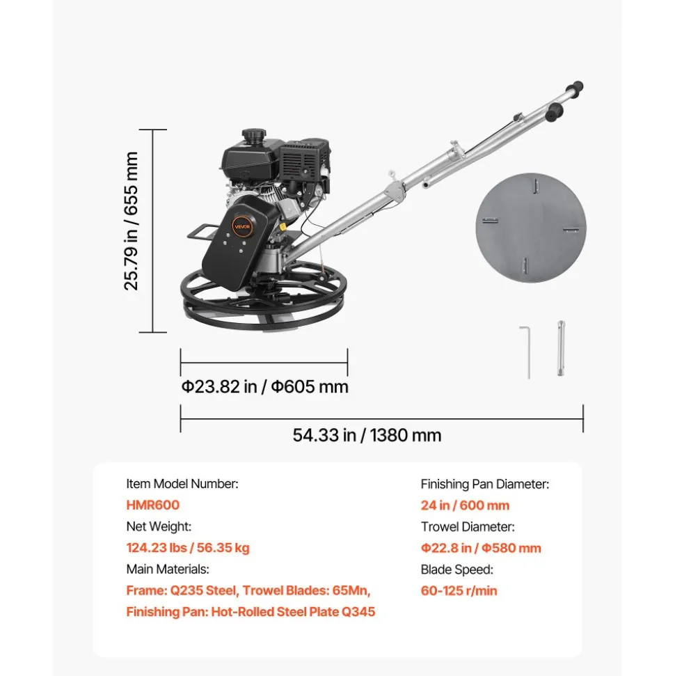 VEVOR Power Trowel, 24 inch Concrete Finishing Machine with Float Pan, 7HP Kohler Engine, 4 Blades, Adjustable Pitch, Gas-Powered Walk-Behind Cement Surface Finisher for Smooth Floors, Construction