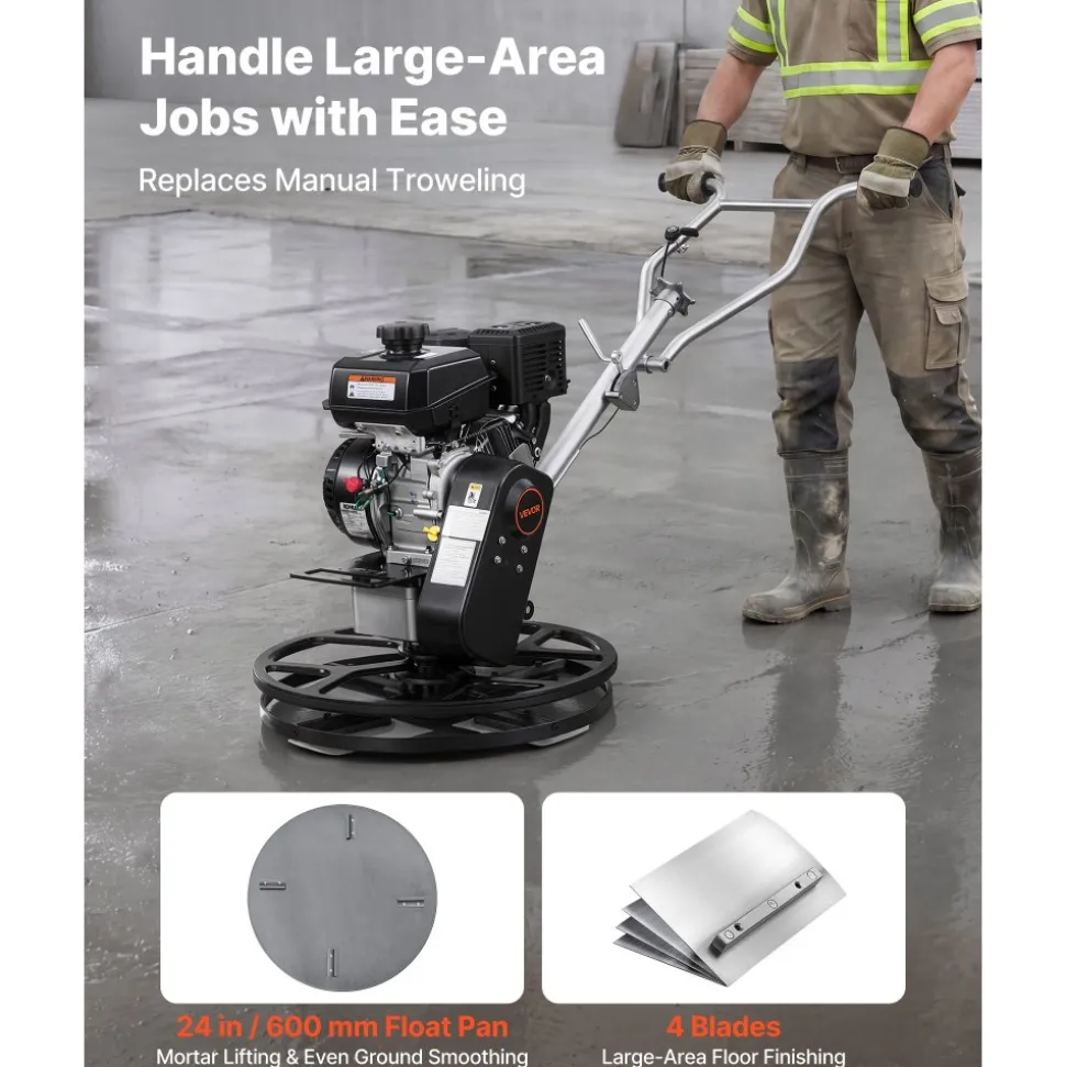 VEVOR Power Trowel, 24 inch Concrete Finishing Machine with Float Pan, 7HP Kohler Engine, 4 Blades, Adjustable Pitch, Gas-Powered Walk-Behind Cement Surface Finisher for Smooth Floors, Construction