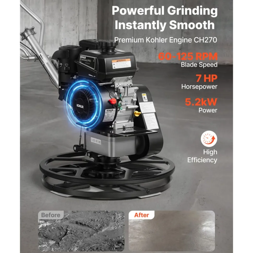 VEVOR Power Trowel, 24 inch Concrete Finishing Machine with Float Pan, 7HP Kohler Engine, 4 Blades, Adjustable Pitch, Gas-Powered Walk-Behind Cement Surface Finisher for Smooth Floors, Construction