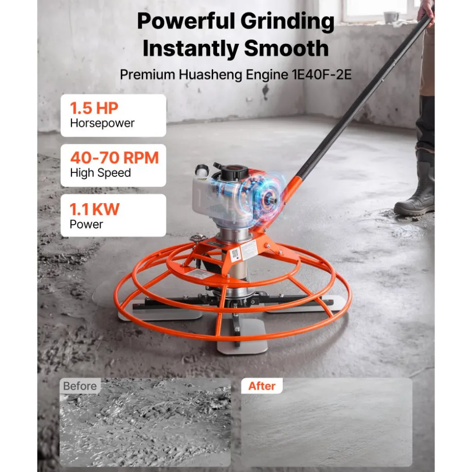 VEVOR Power Trowel, 28.3 inch Trowel Diameter Concrete Finishing Machine, 4 Blades, Adjustable 0-12° Pitch, Gas-Powered Walk-Behind Cement Surface Finisher for Smooth Floors, Bridge Construction