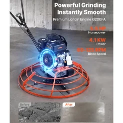 VEVOR Power Trowel, 34.8 inch Trowel Diameter Concrete Finishing Machine, 5.5HP Engine, 4 Blades, Adjustable Pitch, Gas-Powered Walk-Behind Cement Surface Finisher for Smooth Floors, Construction