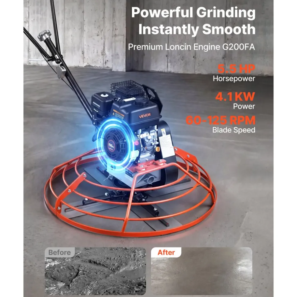 VEVOR Power Trowel, 34.8 inch Trowel Diameter Concrete Finishing Machine, 5.5HP Engine, 4 Blades, Adjustable Pitch, Gas-Powered Walk-Behind Cement Surface Finisher for Smooth Floors, Construction