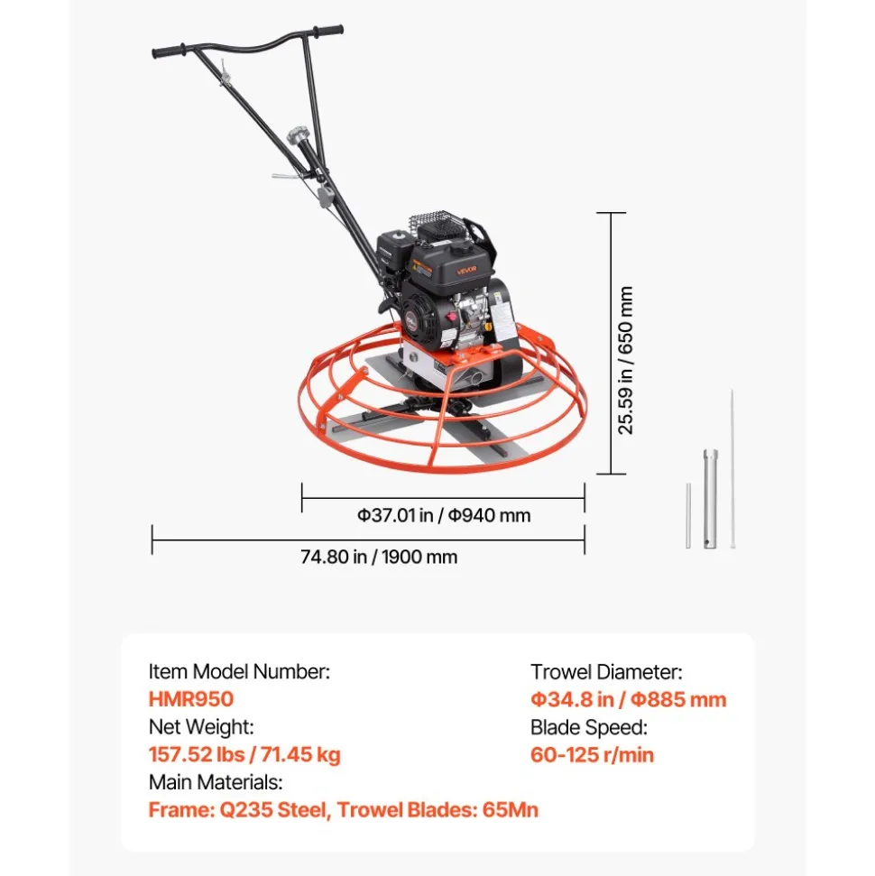 VEVOR Power Trowel, 34.8 inch Trowel Diameter Concrete Finishing Machine, 5.5HP Engine, 4 Blades, Adjustable Pitch, Gas-Powered Walk-Behind Cement Surface Finisher for Smooth Floors, Construction