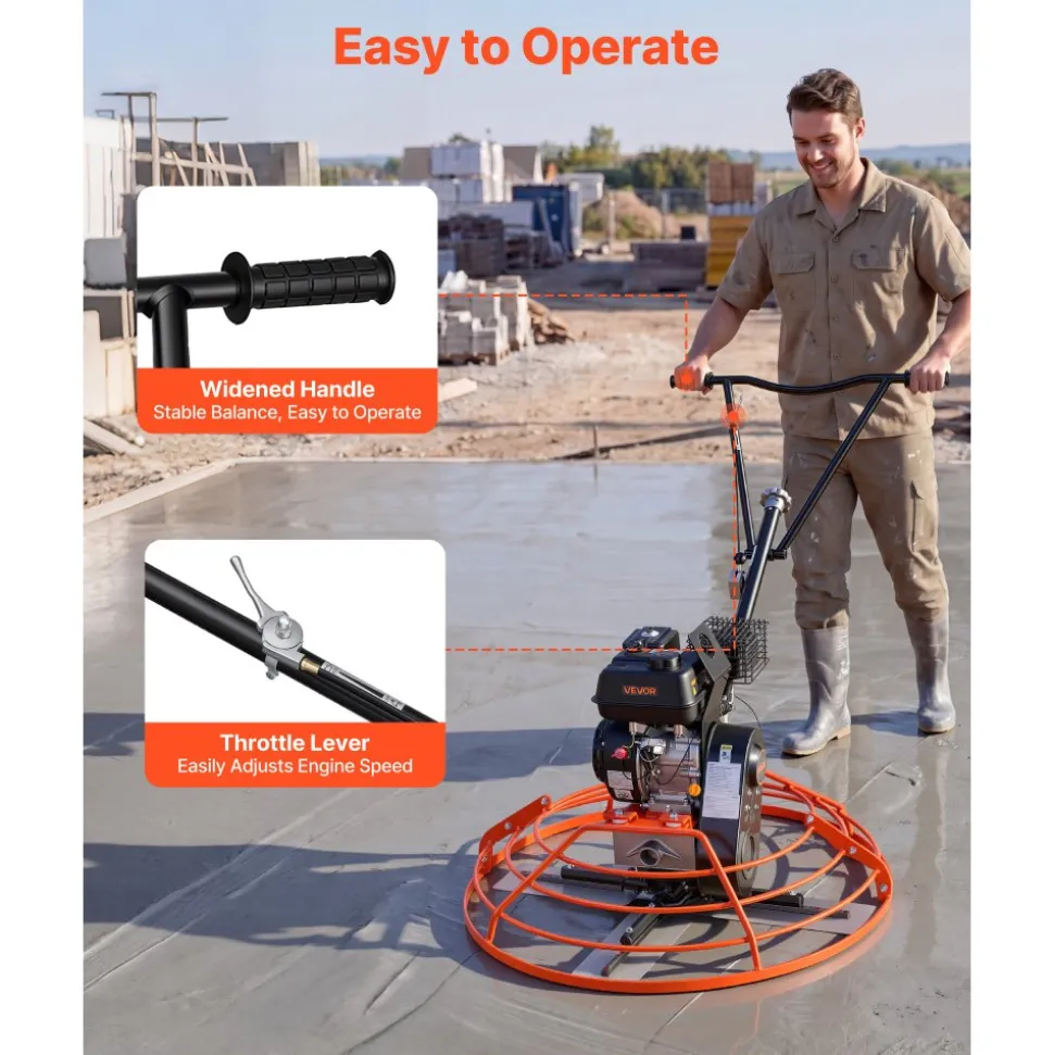 VEVOR Power Trowel, 34.8 inch Trowel Diameter Concrete Finishing Machine, 5.5HP Engine, 4 Blades, Adjustable Pitch, Gas-Powered Walk-Behind Cement Surface Finisher for Smooth Floors, Construction
