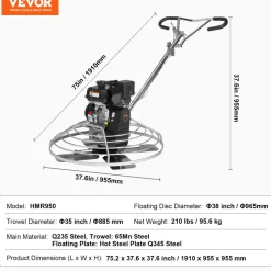 VEVOR Power Trowel, 38” Walk-Behind Cement Trowel with Float Pan, 6HP Gas-Powered Smooth Concrete Surface Finisher, Heavy Duty Commercial Screed Concrete Cement with Finishing Blade, Orange