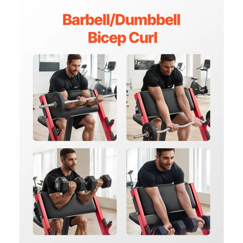 VEVOR Preacher Curl Bench, Strength Training Benches, Max load 660 LBS Home Gym Fitness Equipment, Seated Arm Isolated Barbell Dumbbell Bicep Station, Adjustable Weight Bench with Bar Holders