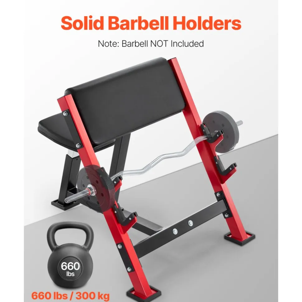 VEVOR Preacher Curl Bench, Strength Training Benches, Max load 660 LBS Home Gym Fitness Equipment, Seated Arm Isolated Barbell Dumbbell Bicep Station, Adjustable Weight Bench with Bar Holders