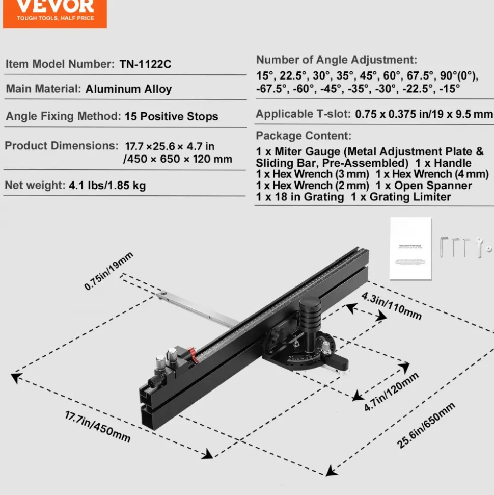 VEVOR Precision Miter Gauge, Standard Slot 3/4'' x 3/8'', Aluminum Alloy Table Saw Miter Gauge with 24 in Grating 15 Angle Stops Adjustable Spring Loaded Plunger and Removable Disc, for Woodworking