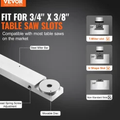 VEVOR Precision Miter Gauge, Standard Slot 3/4'' x 3/8'', Aluminum Alloy Table Saw Miter Gauge with 18 in Grating 15 Angle Stops Adjustable Spring Loaded Plunger and Removable Disc, for Woodworking
