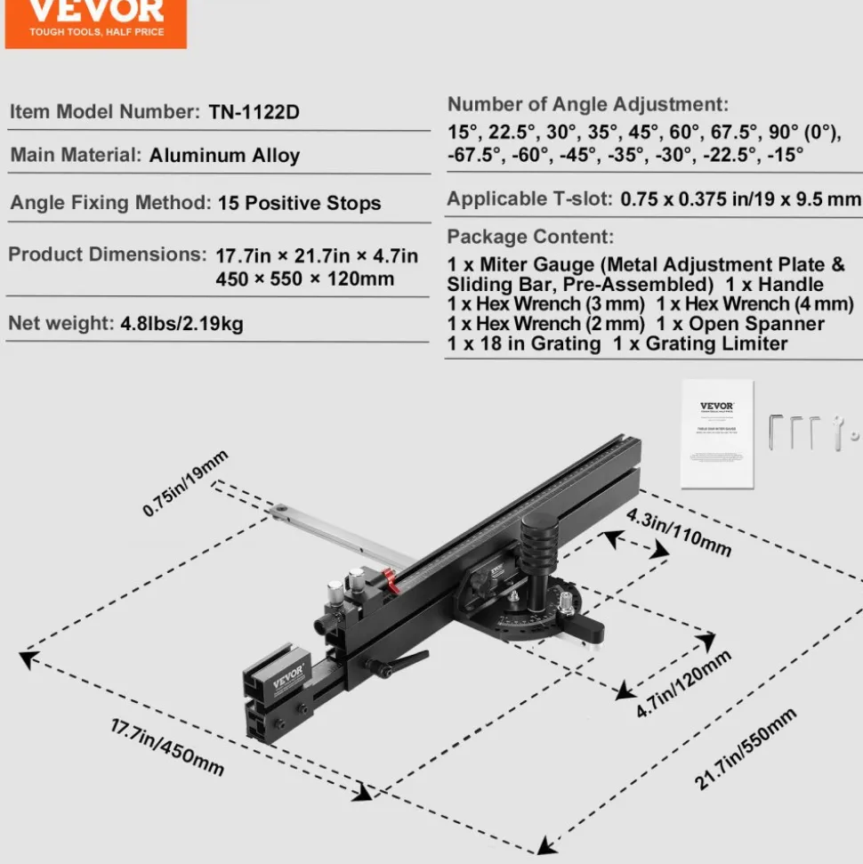 VEVOR Precision Miter Gauge, Standard Slot 3/4'' x 3/8'', Aluminum Alloy Table Saw Miter Gauge with 19-35 in Grating 15 Angle Stops Adjustable Spring Loaded Plunger and Removable Disc, for Woodworking
