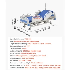VEVOR Premium 5 Function Full Electric Hospital Bed, ICU Electric Medical Bed with Trendelenburg & Reverse Trendelenburg, 5" Locking Casters & High-Density Mattress for Home Hospital, 550LBS Loading