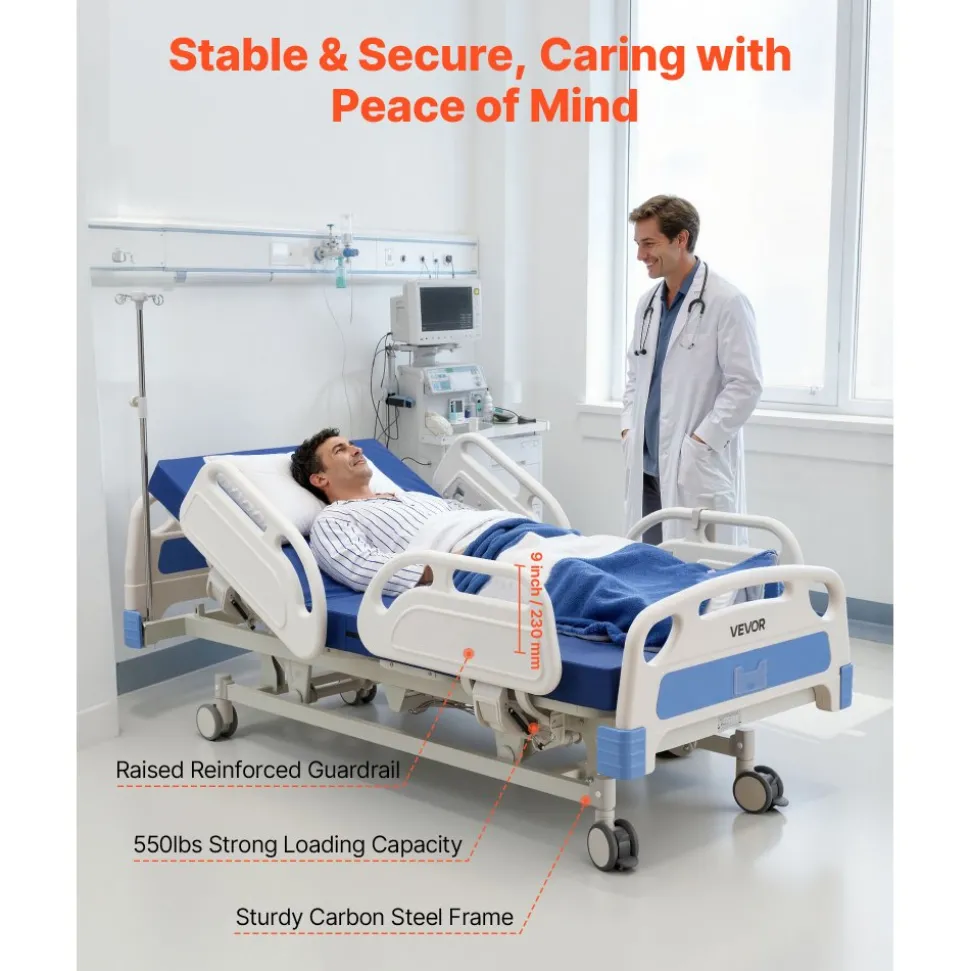 VEVOR Premium 5 Function Full Electric Hospital Bed, ICU Electric Medical Bed with Trendelenburg & Reverse Trendelenburg, 5" Locking Casters & High-Density Mattress for Home Hospital, 550LBS Loading