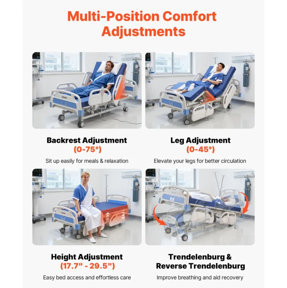 VEVOR Premium 5 Function Full Electric Hospital Bed, ICU Electric Medical Bed with Trendelenburg & Reverse Trendelenburg, 5" Locking Casters & High-Density Mattress for Home Hospital, 550LBS Loading