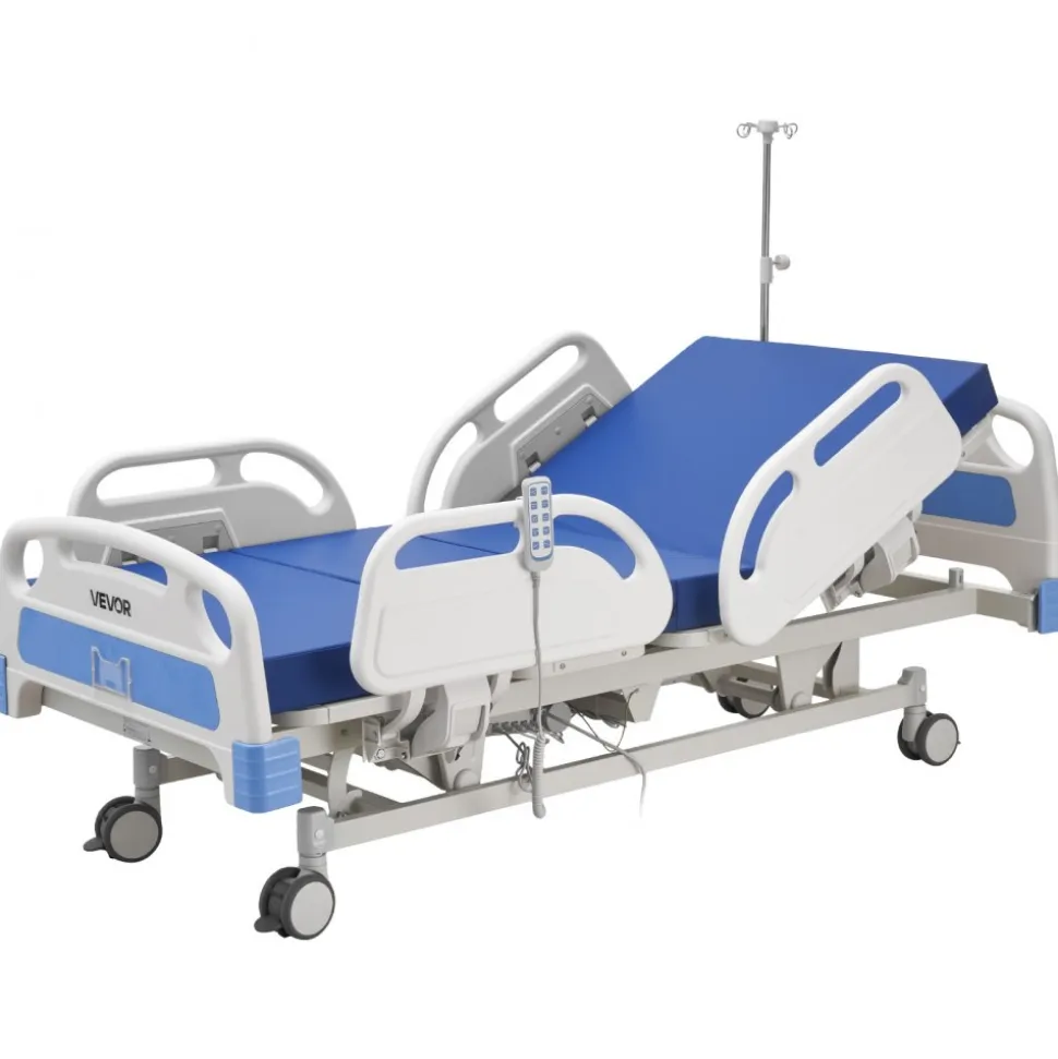 VEVOR Premium 5 Function Full Electric Hospital Bed, ICU Electric Medical Bed with Trendelenburg & Reverse Trendelenburg, 5" Locking Casters & High-Density Mattress for Home Hospital, 550LBS Loading