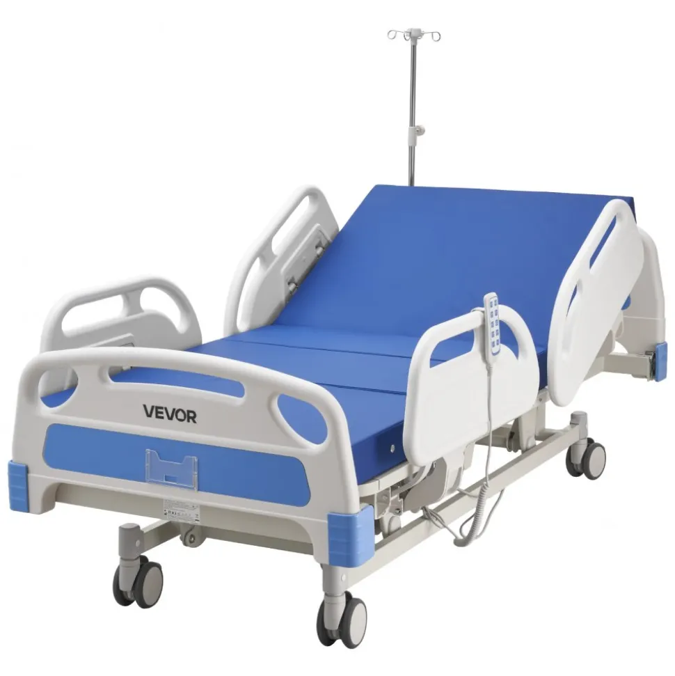 VEVOR Premium 5 Function Full Electric Hospital Bed, ICU Electric Medical Bed with Trendelenburg & Reverse Trendelenburg, 5" Locking Casters & High-Density Mattress for Home Hospital, 550LBS Loading
