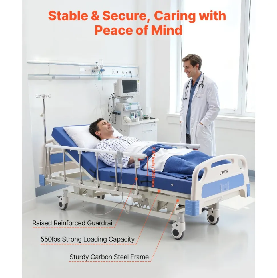 VEVOR Premium 3 Function Full Electric Hospital Bed, ICU Electric Medical Bed with Backrest, Legrest & Height Adjustment, 5" Locking Casters, High-Density Mattress for Home Hospital, 550LBS Loading