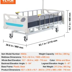 VEVOR Premium 3 Function Full Electric Hospital Bed, ICU Electric Medical Bed with Mattress & IV Pole, Handheld Controller and 5-Inch Locking Casters for Home Hospital Use, 440LBS Loading