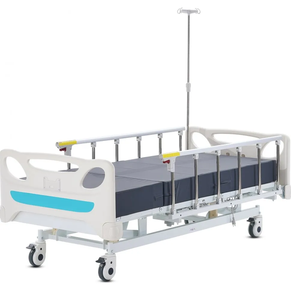 VEVOR Premium 3 Function Full Electric Hospital Bed, ICU Electric Medical Bed with Mattress & IV Pole, Handheld Controller and 5-Inch Locking Casters for Home Hospital Use, 440LBS Loading