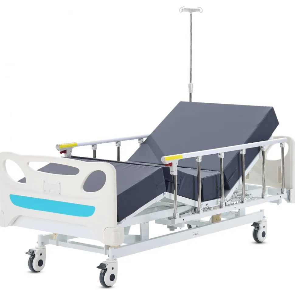 VEVOR Premium 3 Function Full Electric Hospital Bed, ICU Electric Medical Bed with Mattress & IV Pole, Handheld Controller and 5-Inch Locking Casters for Home Hospital Use, 440LBS Loading