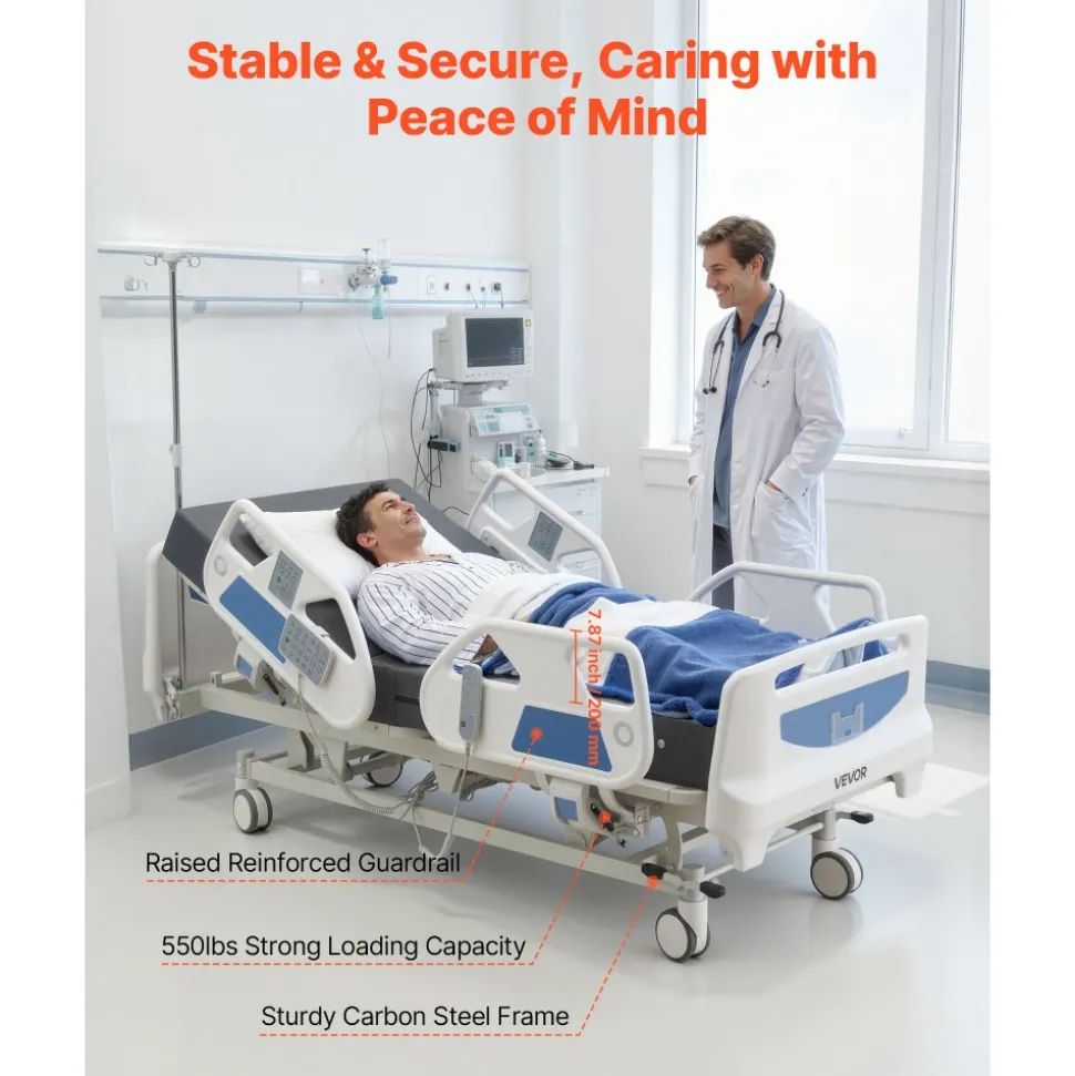 VEVOR Premium 5 Function Full Electric Hospital Bed, ICU Medical Bed with Cardiac Chair, CPR, Trendelenburg & Reverse Trendelenburg, Central Locking System with 5" Casters for Home Hospital, 550LBS