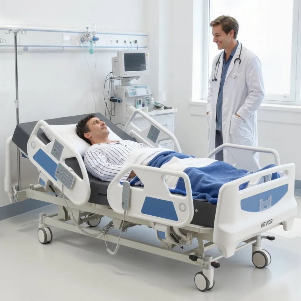 VEVOR Premium 5 Function Full Electric Hospital Bed, ICU Medical Bed with Cardiac Chair, CPR, Trendelenburg & Reverse Trendelenburg, Central Locking System with 5" Casters for Home Hospital, 550LBS