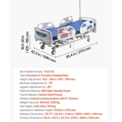 VEVOR Premium 5 Function Full Electric Hospital Bed, ICU Electric Medical Bed with Trendelenburg & Reverse Trendelenburg and Central Locking System with 5