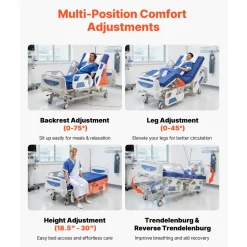 VEVOR Premium 5 Function Full Electric Hospital Bed, ICU Electric Medical Bed with Trendelenburg & Reverse Trendelenburg and Central Locking System with 5