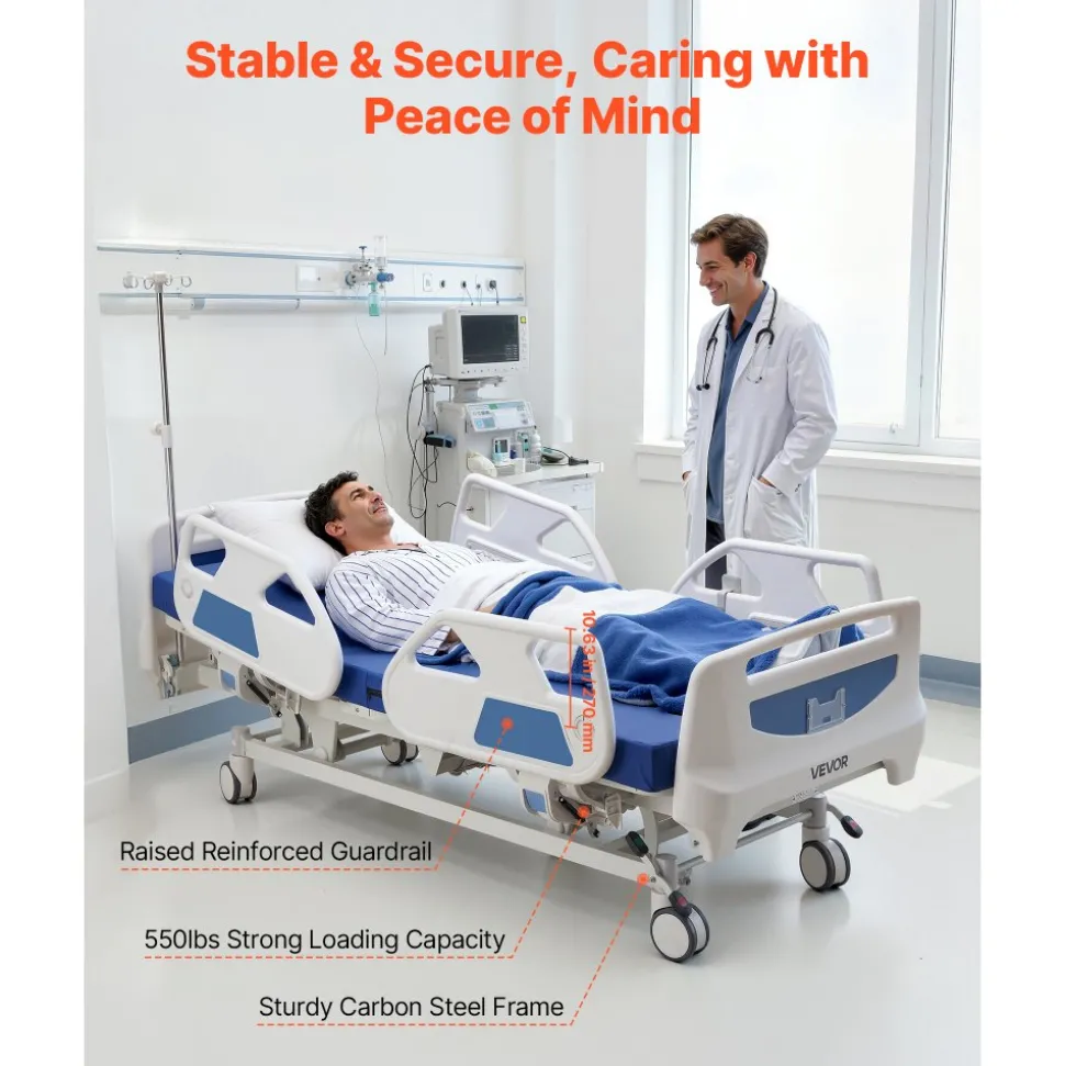 VEVOR Premium 5 Function Full Electric Hospital Bed, ICU Electric Medical Bed with Trendelenburg & Reverse Trendelenburg and Central Locking System with 5" Casters for Home Hospital, 550LBS Loading