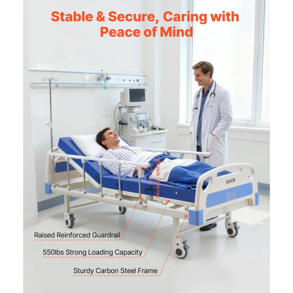 VEVOR Premium 2 Function Full Electric Hospital Bed, ICU Electric Medical Bed with Backrest & Legrest Adjustment, 5" Locking Casters, High-Density Foam Mattress for Home Hospital, 550LBS Loading